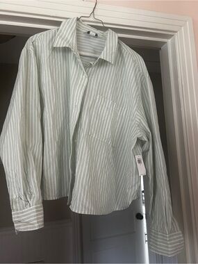 Old Navy Light Green and White Striped Button-Up Shirt